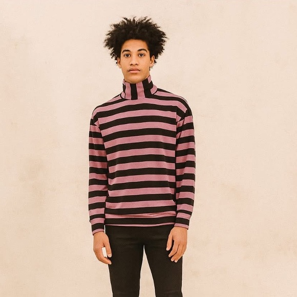 Men's Pink and Black Stripe Mock Neck - Picture 3 of 10